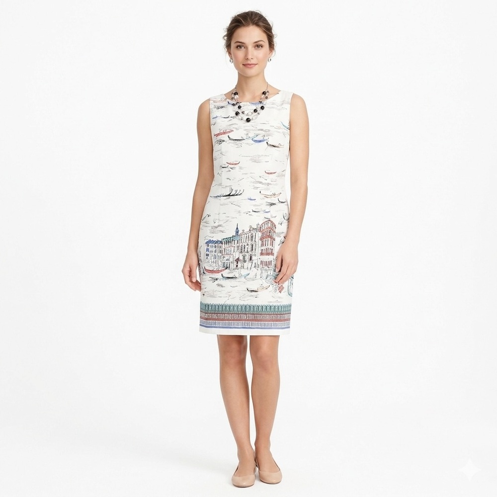 NEW Leslie Fay Venice Gondula Boat White Sleeveless Knee Length Shift Dress 14 - Picture 3 of 17
